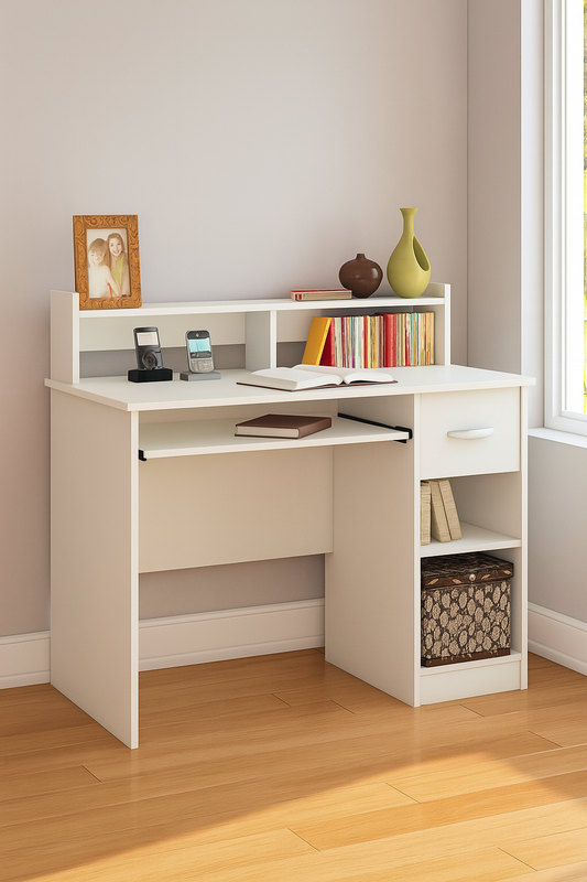 Desk 120×60×95 cm + 1 Drawer + 2 Doors + Keyboard Shelf + Bookcase – White – AZ1257