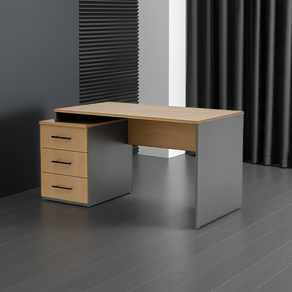 مكتب 120×60×75 سم + وحدة أدراج متصلة – رمادي وخشبي – AZ1059