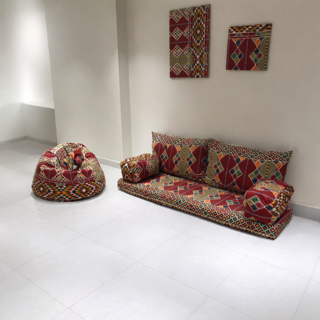 NUBI Majlis (1 base seat + 2 back cushions + 2 armrests + 2 panels + 1 bean bag pouf) - 200*60*60 cm – Various Colors