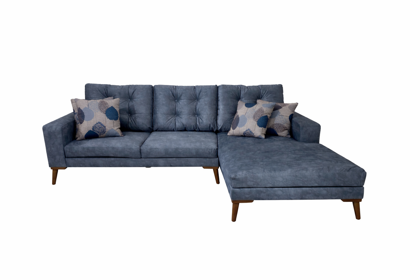 كنبة ركن مودرن على شكل حرف L – خشب طبيعي – لون دستي بلو (أزرق هادئ) – 255×175×85 سم – Cappuccino Slim