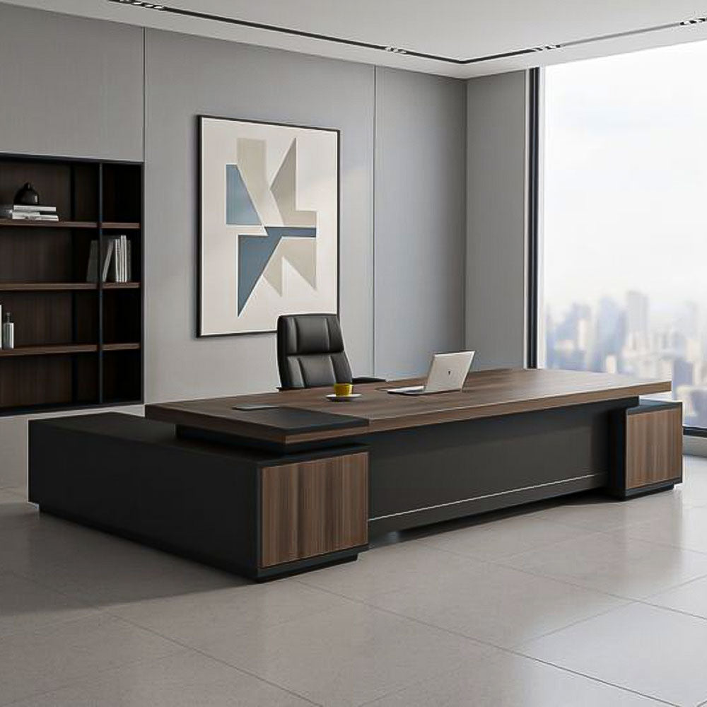 Desk 200×160×75 cm + Side Unit – Brown and Black – AZ1265
