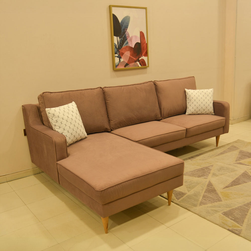 ركنة منزلية مودرن على شكل حرف L – خشب إم دي إف و موسكي والأرجل خشب زان  – وردي مطفي – 255*175*85 سم - Alpha Slim
