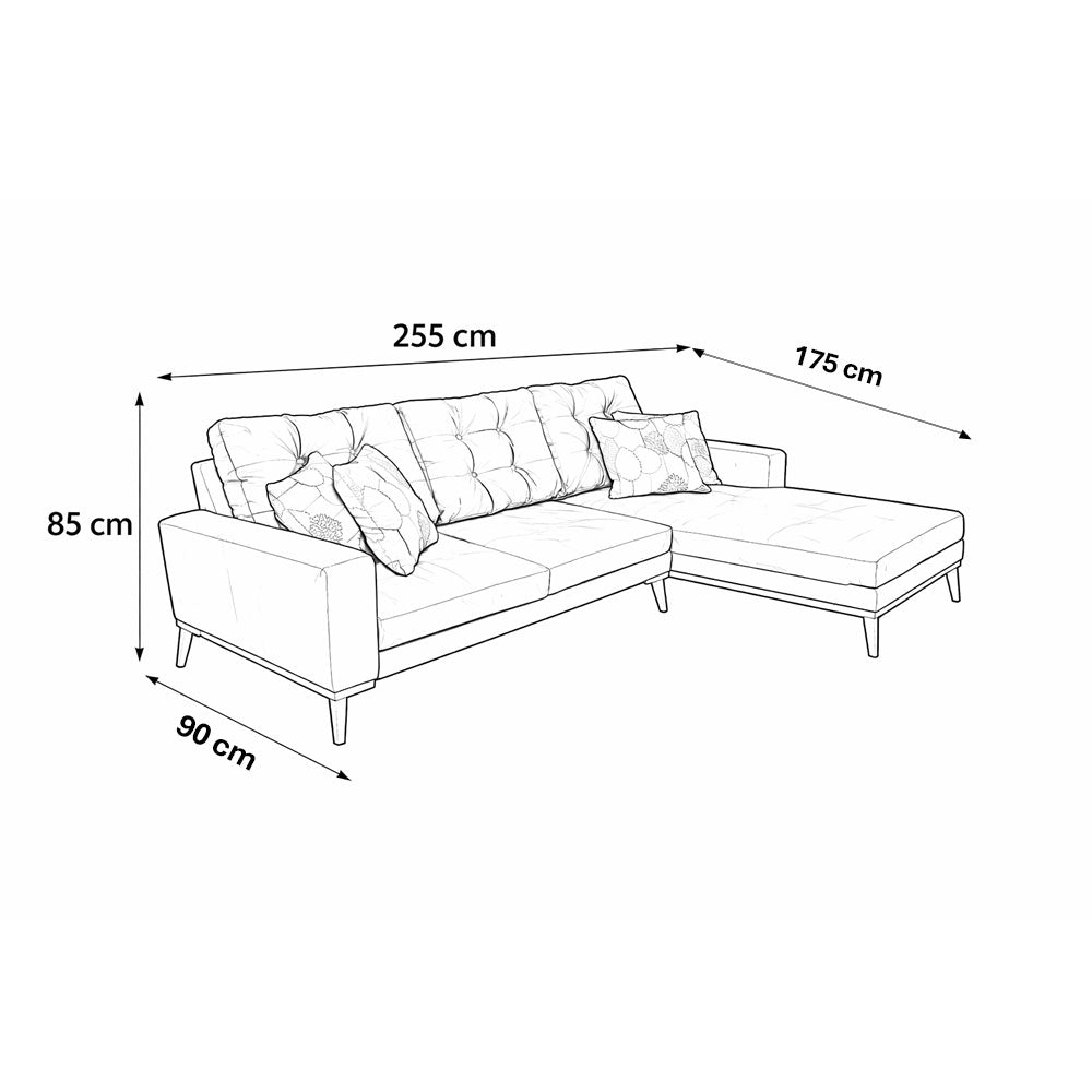 كنبة ركن مودرن على شكل حرف L – خشب طبيعي – لون دستي بلو (أزرق هادئ) – 255×175×85 سم – Cappuccino Slim